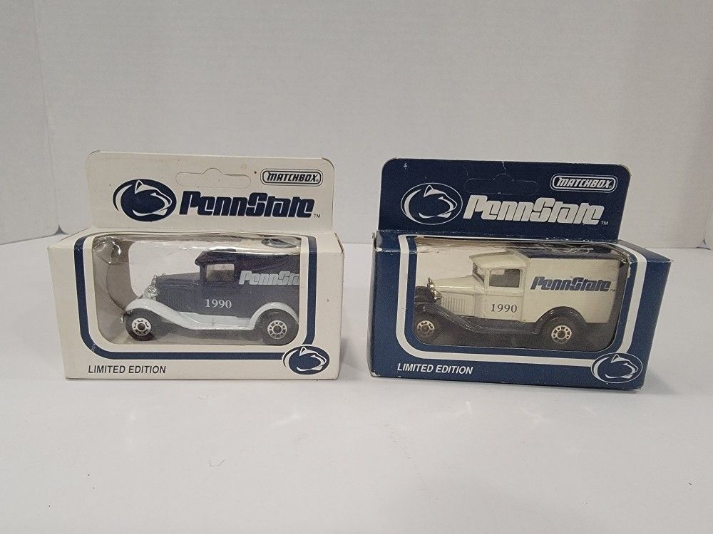 Set Of 2 1990 Matchbox Penn State University Die Cast Panel Trucks