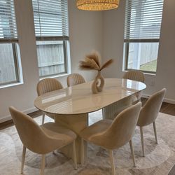 Modern Dining Table + 6 Velvet Chairs Set