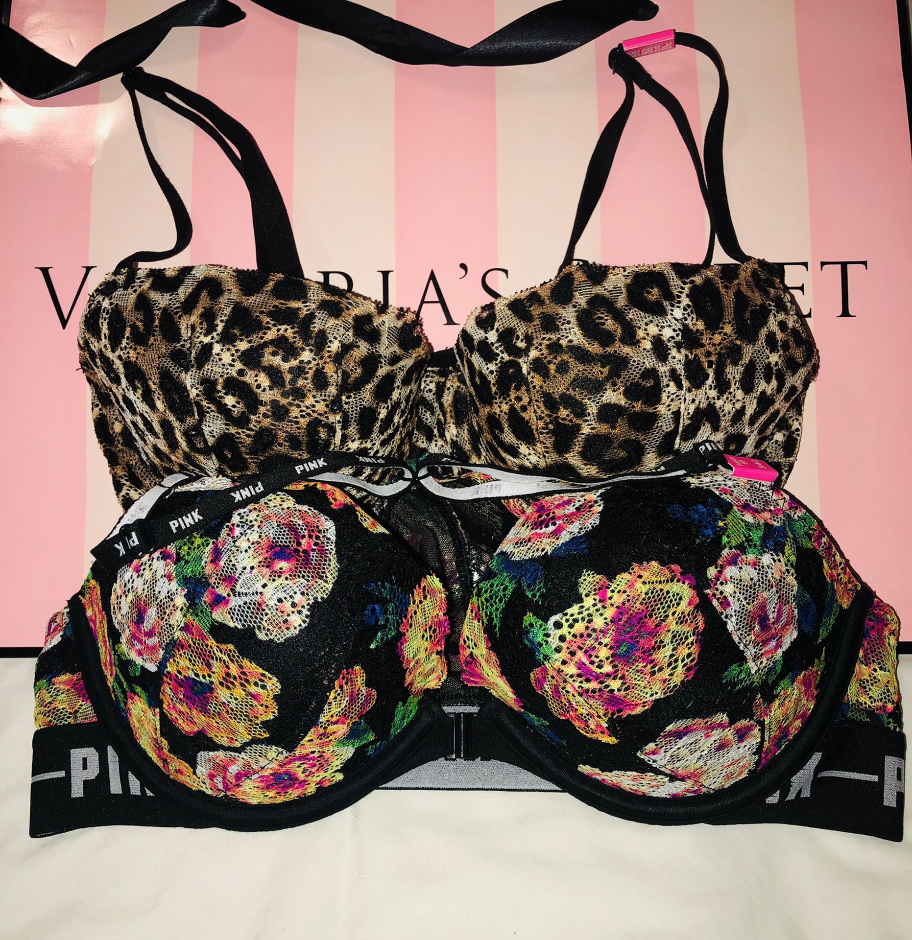 Victoria’s Secret Pink Set Two Brass Push Up Black and Animal Print Size 34C