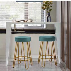 Round Kitchen Counter Stool Home Bar Height Stools with Golden Hairpin Legs Upholstered Velvet Seat for Kitchen/Dining Room Peacock Blue, Set of 2 (Pa