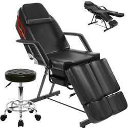 Tattoo Chair for Client, Facial Bed Esthetician Massage Headrest Table with Rolling Stool, Black 