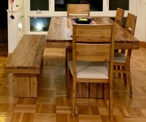 Dining table with bench and four chairs
