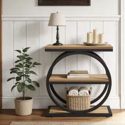 Brown Rectangle Wood End Table with 3 Tiers Storage Shelves 