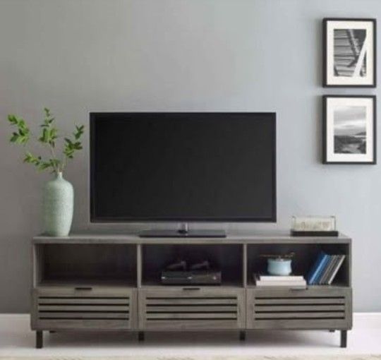 70" Modern TV Stand - Stylish Media Console with Open Shelves, Storage Cabinets & Decorative Slat Do