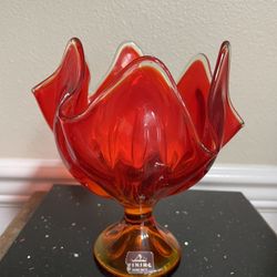 Viking6 Petal Compote60s MCM Epic Line Amberina Pedestal Bowl, Orange Art Glass Handkerchief  Bowl, Viking Glass