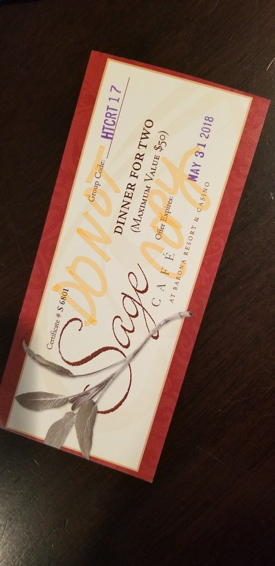::Sale:: Barona Resort & Casino Sage Cafe Gift Certificate $50 Value