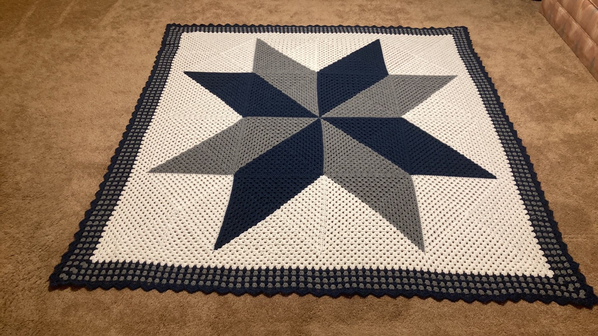 Crochet Blue White , Gray . Quilters Star Blanket