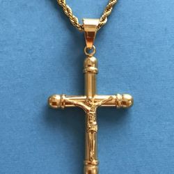 Men’s Gold On Stainless Steel Crucifix Pendant On Rope Chain *Pickup Boca Raton
