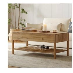 Dowinx Boho Coffee Table with Storage, 42" Wood Coffee Table for Living Room, 2 Storage Drawers and Open Rattan Shelf, Rectangular Living Room Coffee
