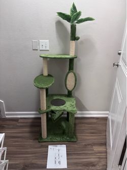 Tropical Cat Tree Tower with Scratching Posts & Hammock – Multi-Level Cat Condo (Green)