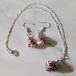 Ceramic Beads Hand painted Red Flowers Necklace Pendant Earrings Set Handmade
