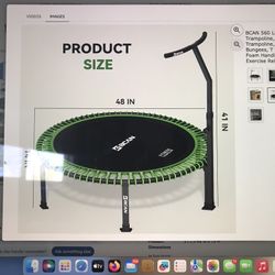 Bcan Mini Trampoline 48” with green and black Bungees. Includes T-bar