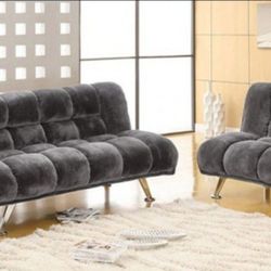 Brand New Grey Futon Sofa Sleeper + Adjustable Chair