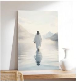 16x24 Back View Jesus Walking Misty Pale Mountain Reflective Water Canvas Print