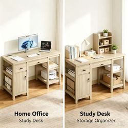 A computer desk with a pull-out keyboard tray and drawers, in natural wood color, measuring 58 inches wide × 22 inches deep × 29.5 inches high