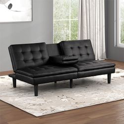 Brand New Black Leather Futon Sofa Sleeper w Cupholders 