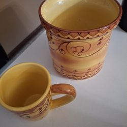 Handpainted Utensil Holder/4 Coffee Mugs/Platters