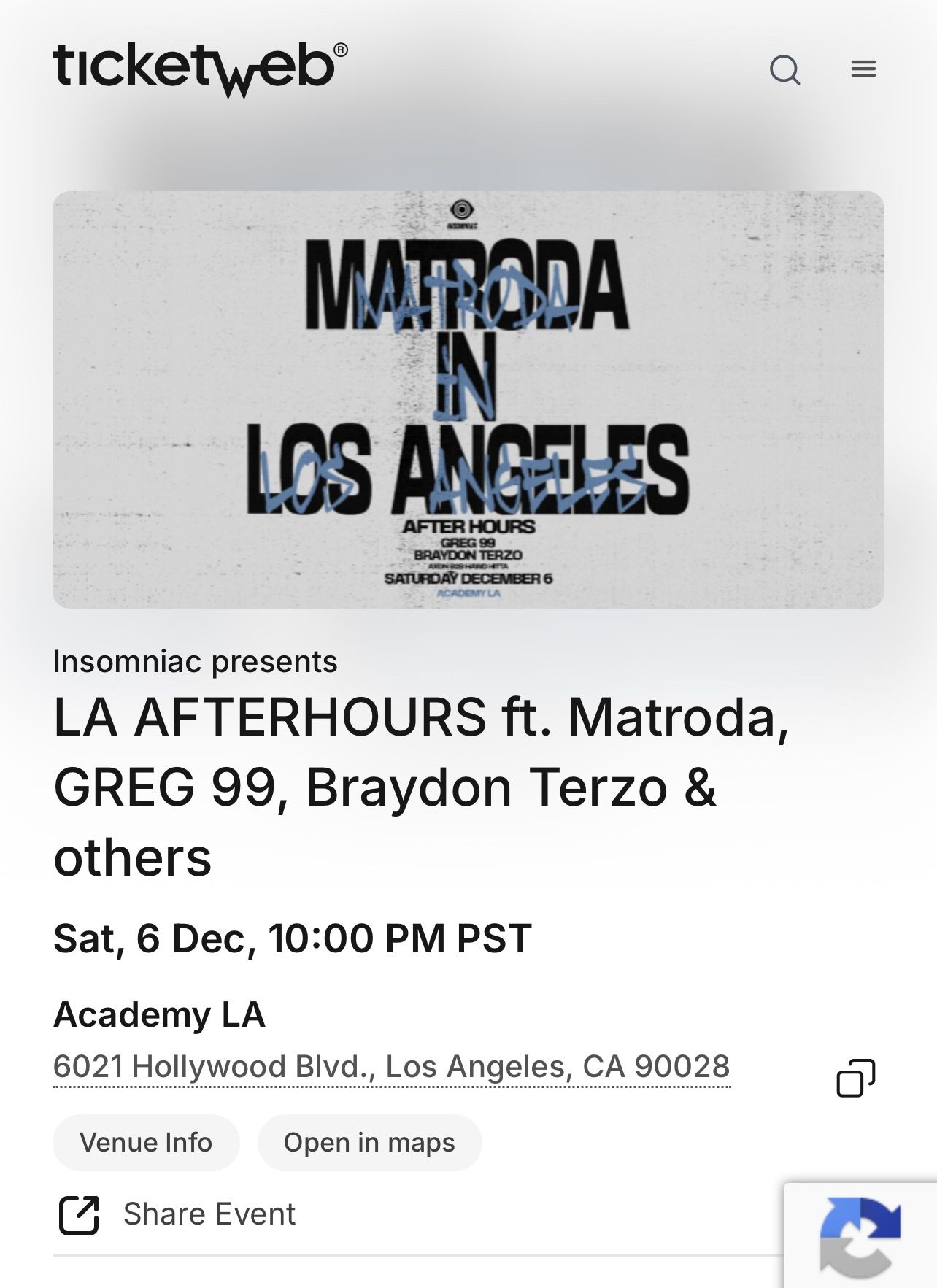 Matroda Afters Academy LA tickets x4