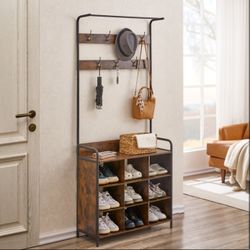 Entryway Coat Rack and Storage Organizer with Shoe Rack 7 Hooks
