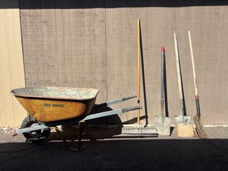 wheelbarrow, shovels