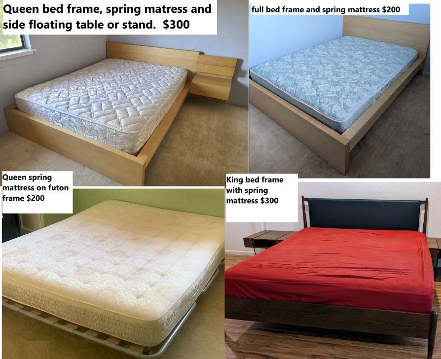 ($200-$300 each) King+queen+full bed frame, headboard, slats, firm spring mattress Ikea/futon/Sealy posturepedic/etc