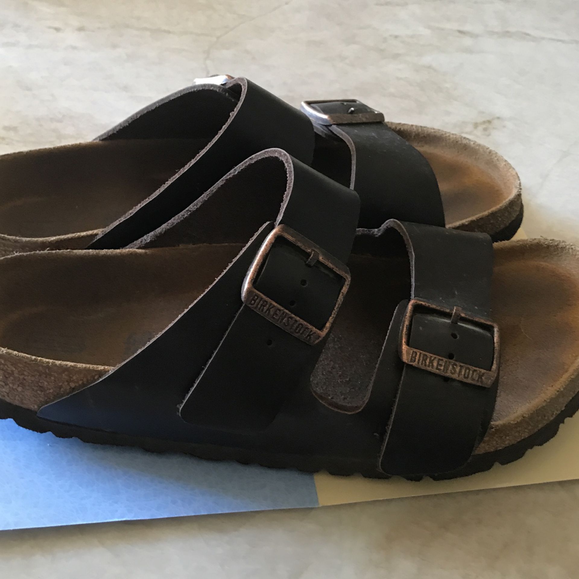 Birkenstock brand, dark brown, double strap sandals. Size 40.  