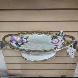 Ceramic Decorative Vase / Basket with handles - $49.99 ( NEW ) green/purple/teal.  Flowers, bird