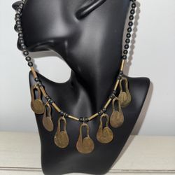 Stunning Vintage Artisan Brutalist Brass & Black Stone Beaded Necklace 
