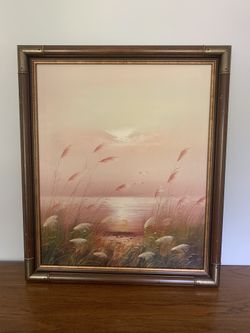 Beach scene oil base wood frame painting
