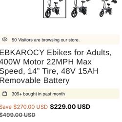 EBKAROCY Folding Electric Bike - AS IS / FOR PARTS