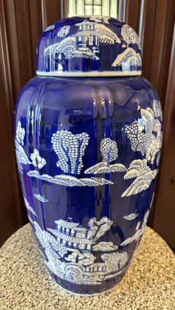 Beautiful Large Ceramic Cobalt Blue Vase with cover, Brand New, 17” High X 26” in Diameter