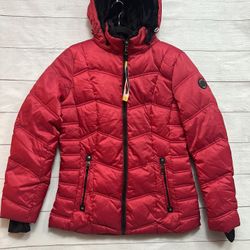 Nautica Red Puffer Women Jacket Water Resistan  Detachable Hoodie  Size Small