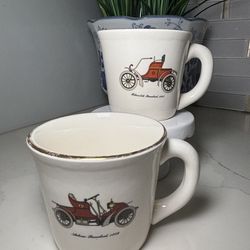 VTG 1902 Autocar Runabout & 1903 Oldsmobile Runabout w/ gold rim accents mug set