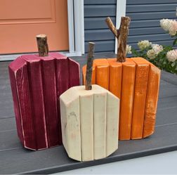 Handmade wooden pumpkin trio