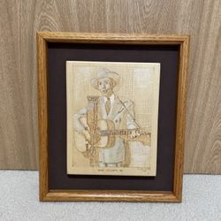 Hank Williams Sr. Wood Burned Portrait – Framed Pyrography Art – Vintage