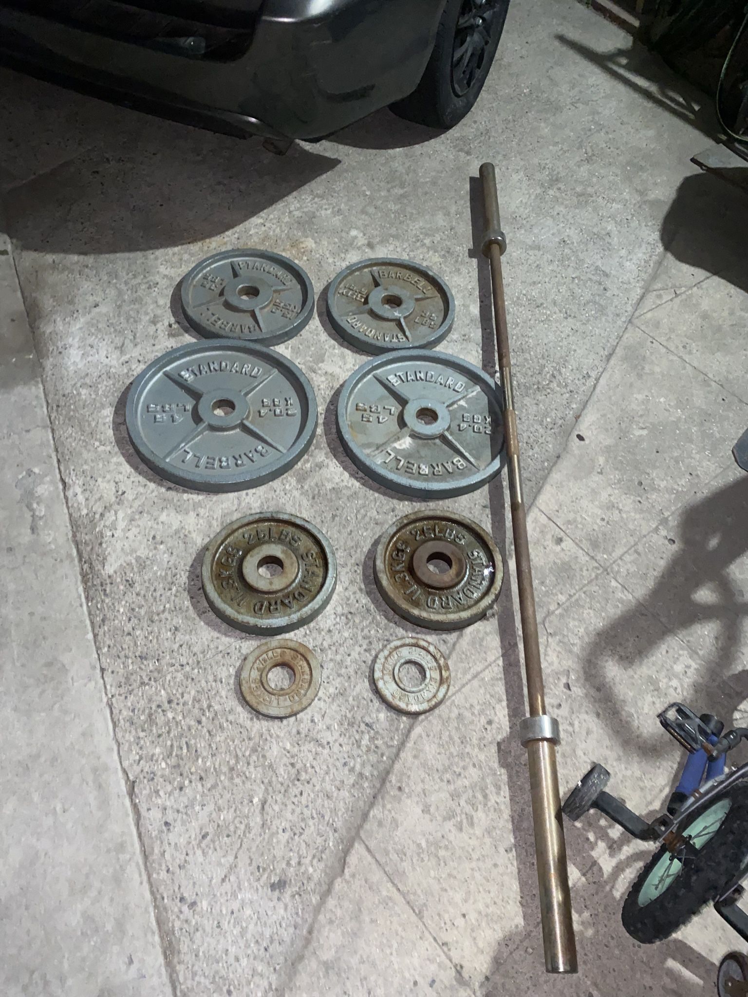 Barbell set w/ squat rack, safety bars, and safety clips