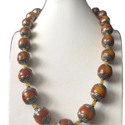 Stunning Vintage style ethnic theme hand carved Amber resin beads with silver cap necklace 25”inch