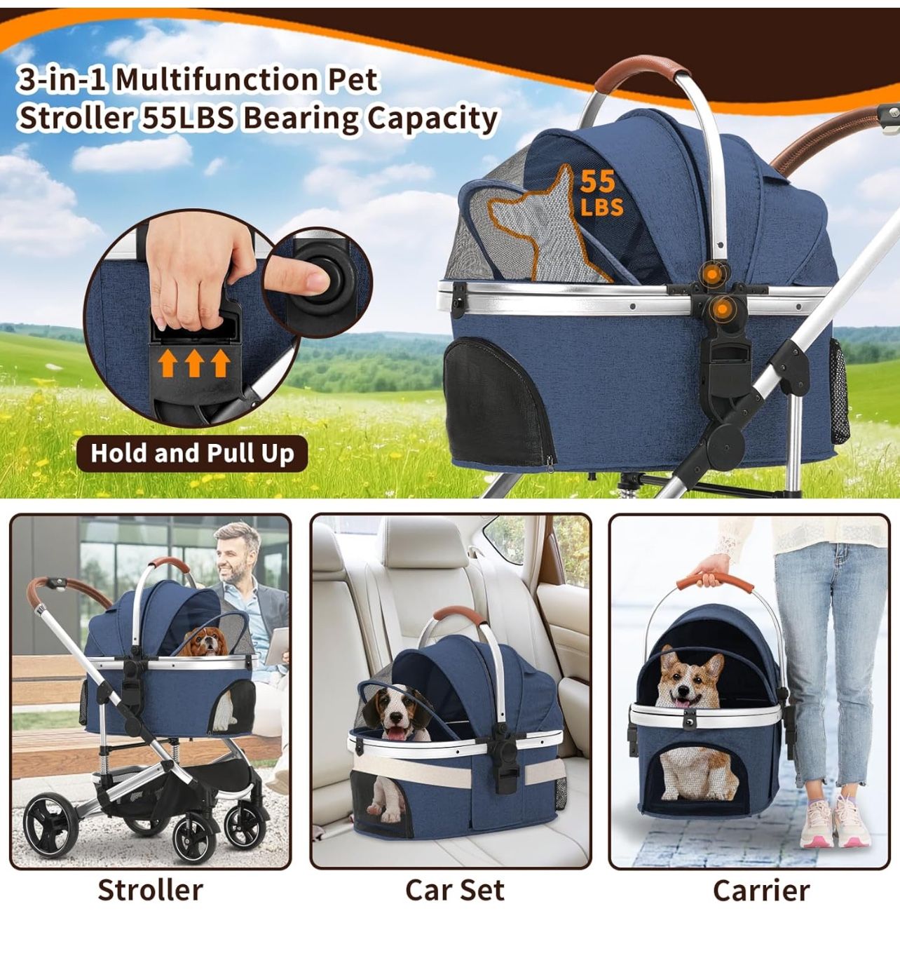 Pet Stroller 3 in 1 Folding Lightweight Dog Stroller with Detachable Carrier & Storage Basket, Premium 4 Wheels Travel Stroller for Puppies, Doggies, 