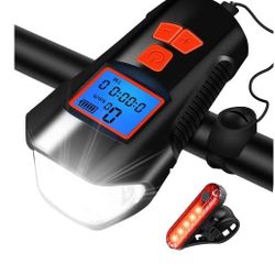  Bike Light Set,Bicycle Headlight with Horn and Speedometer Odometer,USB Rechargeable Bike Front Light and Tail Light,Fits All Mountain & Road Bike