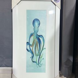 Framed Octopus Wall Art – Coastal Beach Decor – Ocean Nautical Print White Frame