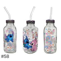 Stitch Floral Clear Glass Bottle Cup 16 oz UV DTF Blue Pink Design Glass Straw
