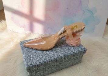 M.C. Pink Clear Nude Pointed-Toe Mule with Floral Heel
