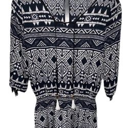 Anthropologie Top Womens Size XS Black White Tunic Blouse Green Dragon Tassels