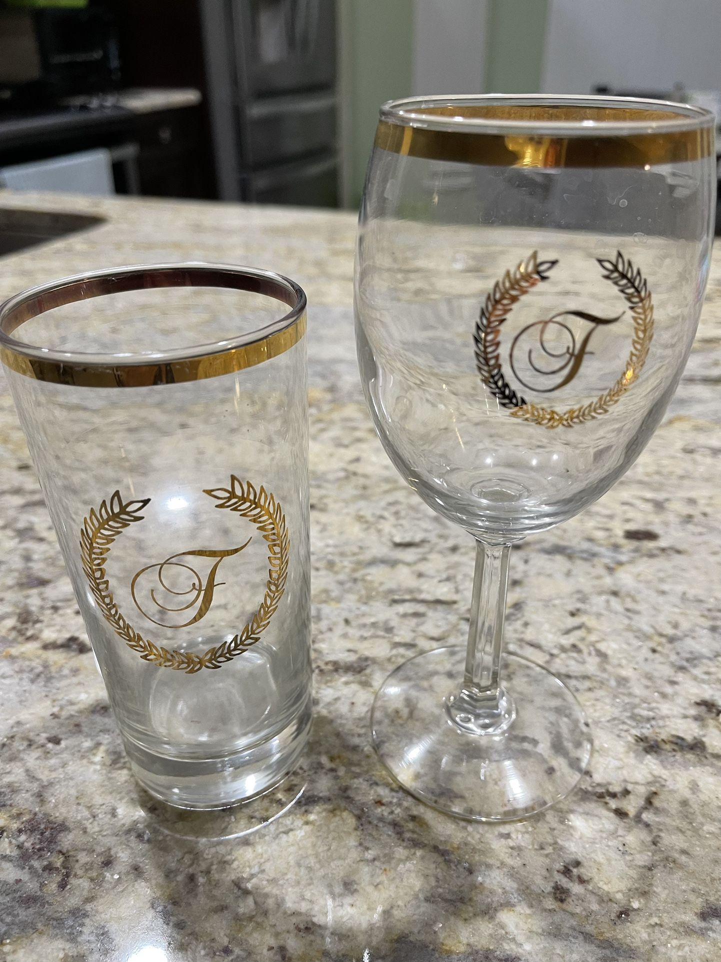 Wine And Beverage Glasses with F Initial Gold Rim