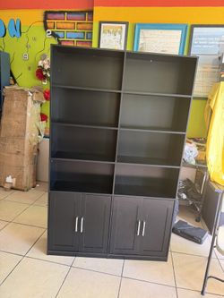 73" Tall Bookcase with Doors, 6-Tier Double Row Bookshelf with 8 Cubes, Black Bookcase for Living Room and Home Office