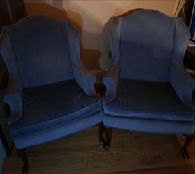 2 Queen Anne style blue velvet chairs