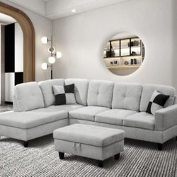 Brand New Grey/White Flannelette Sectional Sofa With Storage Ottoman 