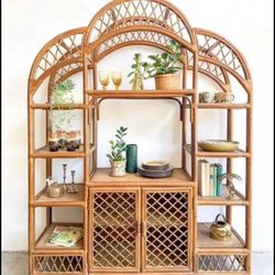 Boho Chic Arched Vintage Bamboo Rattan and Wicker Etagere