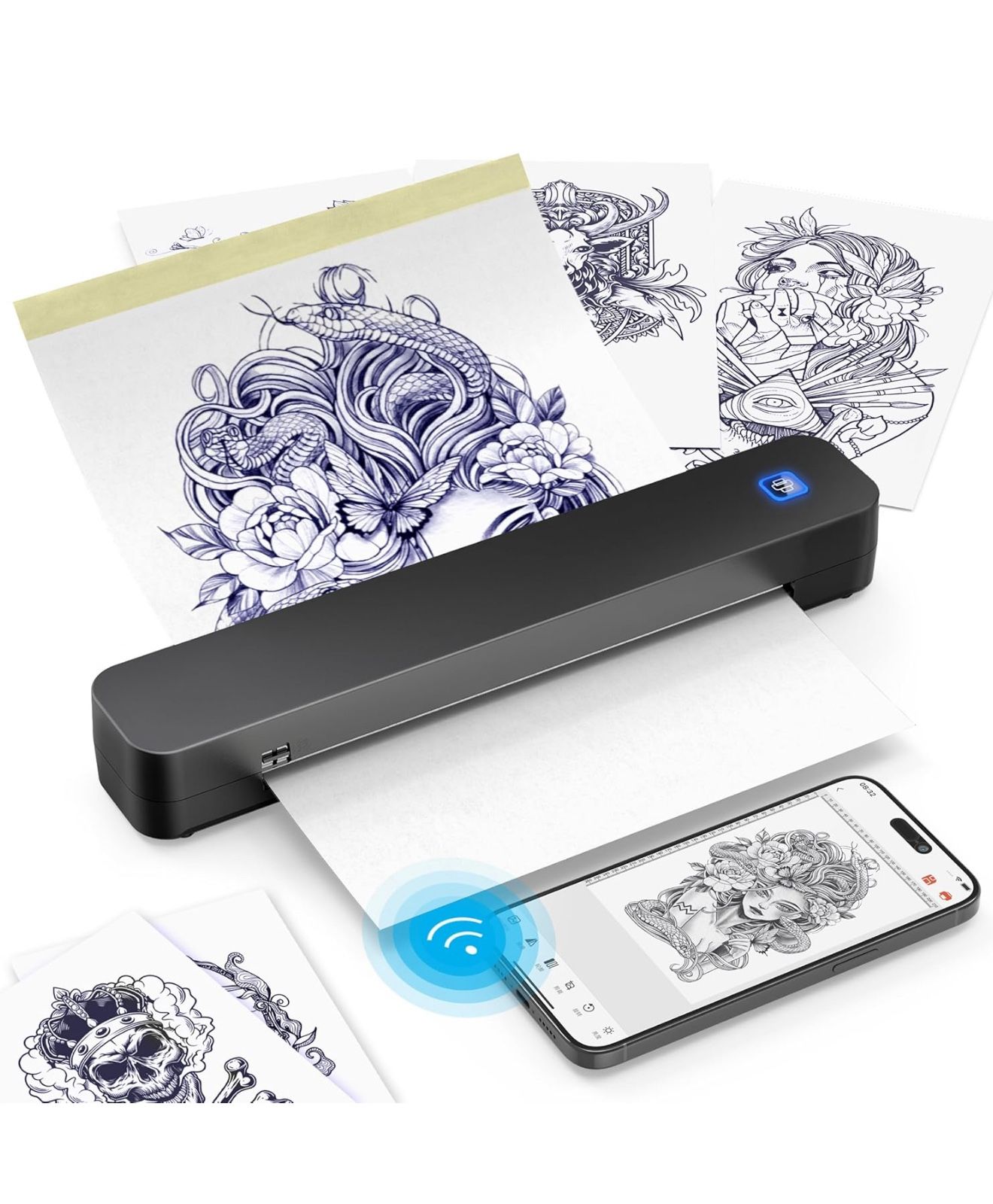 Wireless Tattoo Stencil Printer – Bluetooth Thermal Tattoo Printer Machine with 10 Transfer Papers, Portable Tattoo Kit for Artists, Compatible with S