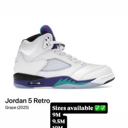 Air Jordan 5 Grape 2025 Sizes 9M 9.5M 10M 11M